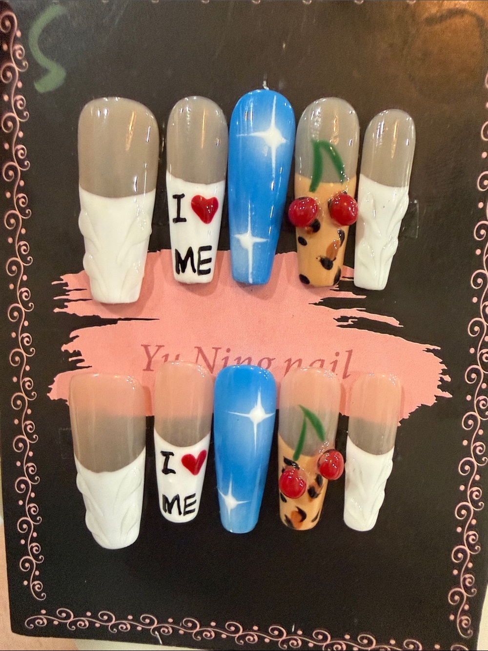 Yu Ning Nail Blue, French, 3d Cherry Decorative Press-On Nail Set size Small